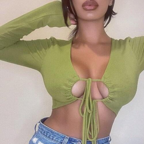 Summer CropTop Y2k Women 2021 New Arrivals Long Sleeve Bodycon Top Sexy Orange Lace Up Female Crop Top for Party Club