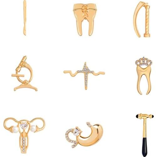 Medical Brooches Collection Crystal Uterus Microscope Scalpel Stomach ECG Tooth Pins Jewelry for Doctor Nurse Badge Wholesale