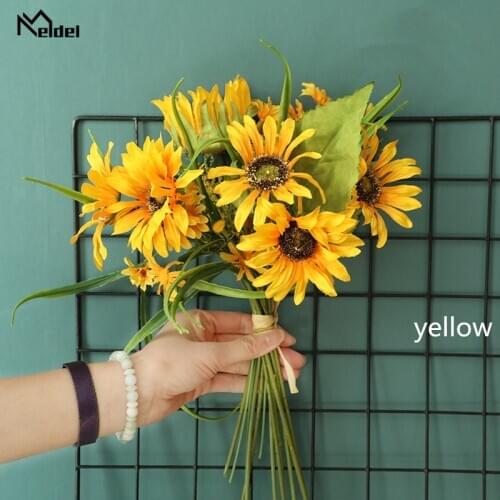 Meldel Artificial Flower Silk Sunflower DIY Flower Arrangement 10 Heads Sunflower Bridesmaid Bouquet Home Wedding Party Decor