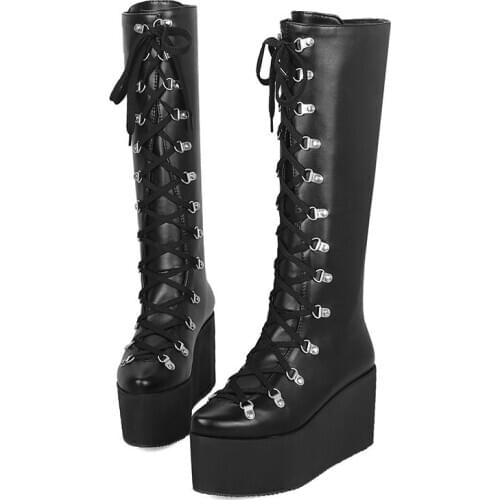 OLOMM ladies knee high boots wedge shoes platform boots ladies punk gothic shoes pointed straps comfortable large size 43 LL-110