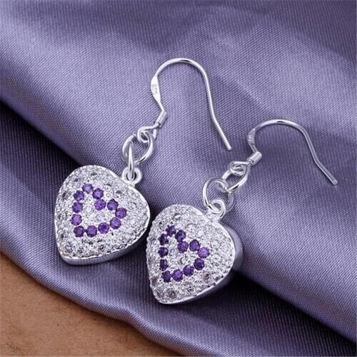 Wholesale high quality retro heart charms women purple crystal heart silver color earrings hot selling fashion jewelry