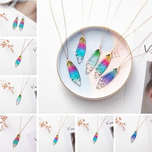 Minar Fairy Tale Neon Color Resin Cicada Wing Pendant Necklace for Women Sequin Rainbow Foil Butterfly Necklaces Holiday Jewelry