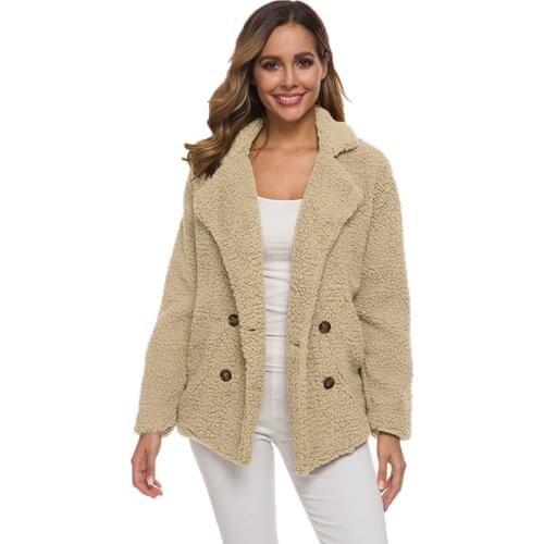 New Women Turn-down Collar Thick Warm Fleece Coats Autumn Winter Jacket Double Breasted Casual Loose Plush Outwear Overcoat