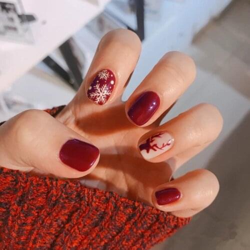 24pcs Snowflake Nail Patch Red Wine Glue Type Removable Short Paragraph Fashion Manicure False Nail Patch DL