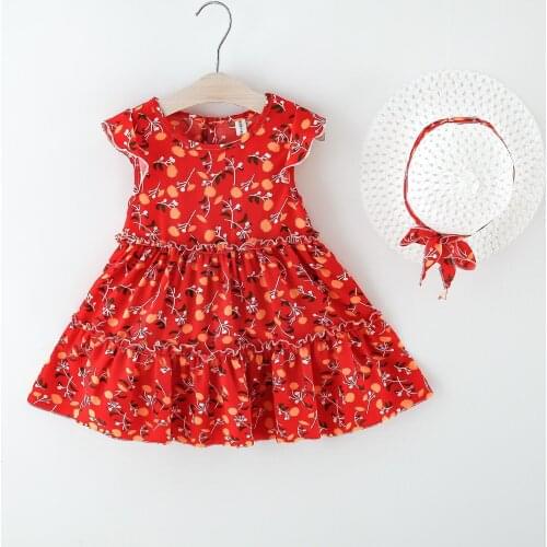 Girls dress summer childrens clothing little flying sleeves little cherry covered straw hat cake skirt