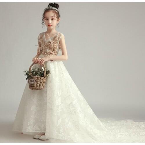 Flower Girl Dresses Sleeveless V-Neck Pearls Crystal Embroidery Appliques Princess Court Train Tulle Lace Kids Party Gown H378