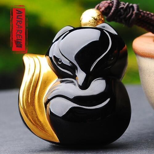 AURAREIKI Natural Obsidian Carved Necklace Pendant Surface Gild Charms Obsidian Reiki Pendant Amulet Jewelry Mala Unisex C0031
