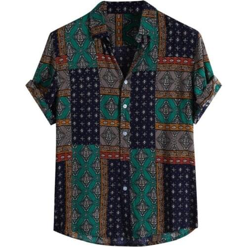 Men Shirts Ethnic Printed Holiday Casual Short Sleeve Hawaiana Shirts Vintage Men