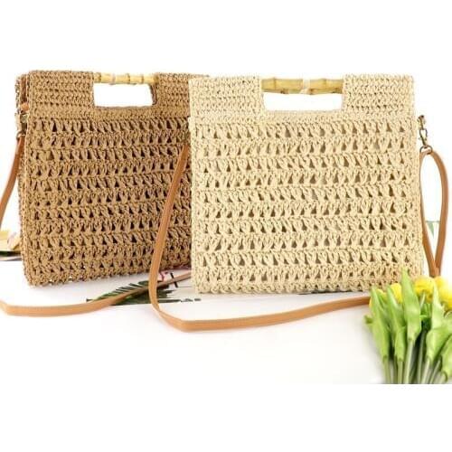 Bamboo Handle Design straw bag Handwoven Women handbag vintage tote bag Ladys Handbag Woman Shoulder Messenger Bag