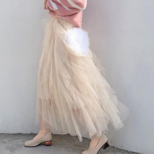 Beige Mesh Skirt Multi Layer Mesh Autumn 2021 New Pleated All-match Elastic Waist Skirt For Women Fashion Tide X334