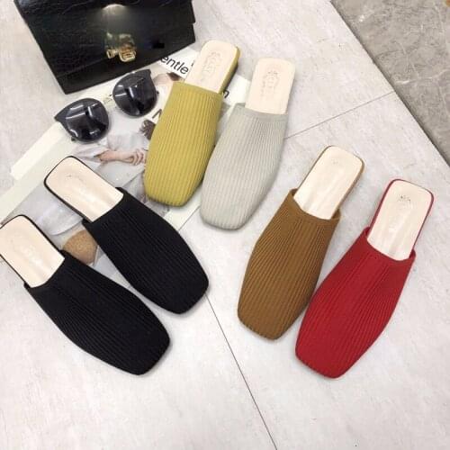 2021 Women Mules Slippers Women Summer Flats Sandals Knit Fabric Stretch Slides Holiday Beach Shoes Square Heel Square Toe Flats