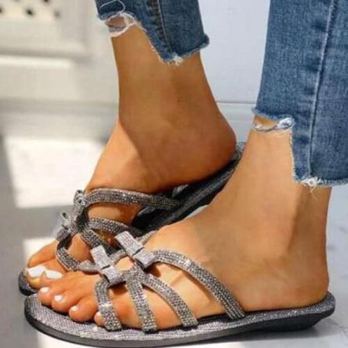 Womens Girl Sandals Crystal 2021 New Open Toe Beach Shoes Lady Rhinestone Bow Shiny Casual Comfort Slippers