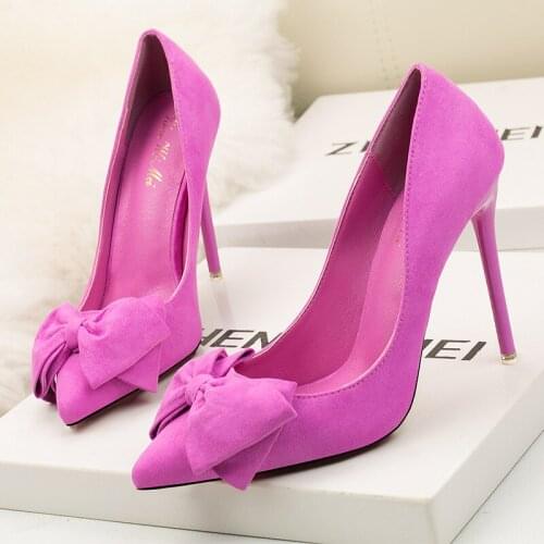Mariahzheng Sweet Stiletto Womens Shoes Super High Heel Shallow Mouth Single Shoes Pointed Sexy Suede Bow Womens Shoes ZWM