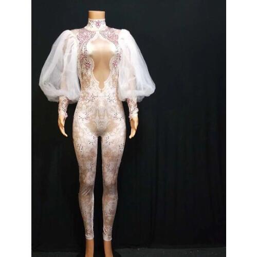 High Quality Womens Puff Sleeve Sexy Bodycon Full Length Jumpsuits Diamond Sexy Celebrity Fashion Party Wear