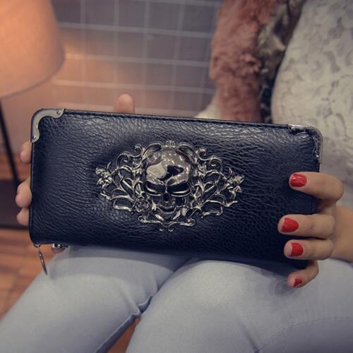 Womens Wallet skull wallet Ladies Long PU Leather Handbag Zipper Wallet skeleton wallet Clutch Card Holder carteira feminina