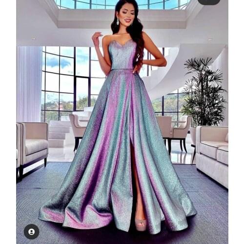 V-Neck Long Satin A-Line Glitter Evening Dresses with Pockets Floor Length Criss Cross Back Tulle Formal Party Gowns for Women