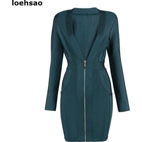 New sexy deep V-neck women bodycon dresses pink green long sleeve autumn vestido celebrity evening club party bandage dress
