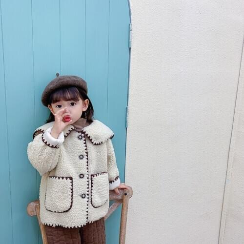 Winter Girl Wool Coats Thick Warm Baby Girls Clothes for Kids Beige Big pocket Outerwear Toddler Girl Jacket Fashion 2-6T