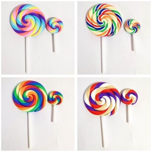 2pcs Kawaii Soft Clay Rainbow Lollipop Cabochons Handmade Resin Material DIY Hair Bow Decorative