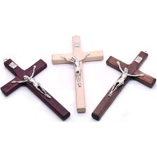 Catholic Wooden INRI Crucifix Jesus Christ Icon Religious Prayer Hand Holding Cross Pendant Church Supplies Ornaments