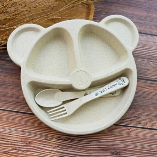 Cubs Childrens Dinner Set Wheat Straw Creative Tableware Baby Dish Tray Breakfast Tray Addition Fork and Spoon