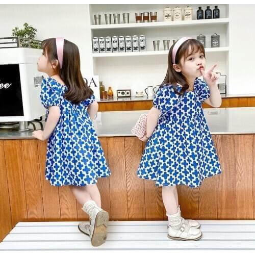 Blue Flower Sleeveless Girls Summer Dress Quinceanera Yellow Princess Baby Girl Dress Children Clothes Robe Fille Kids BW50DR
