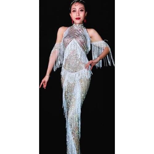 New design Shining Luxurious Crystals Fringes Long Dress Evening Party Sexy Tassels Stretch Dress Prom Celebrate Stones Dress