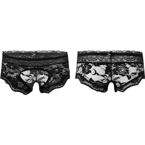 Men See-through Floral Lace Crotchless Briefs Thong G-string Sissy Gay Sexy Not Crotch Panties T-Back Underwear Underpants L-3XL
