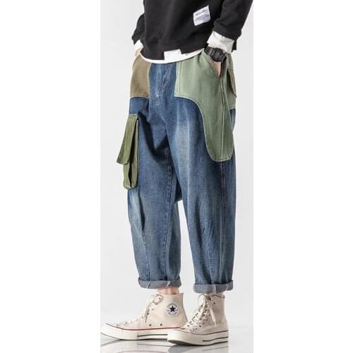 Men Jeans Patchwork Multi-Pocket Couple Denim Pants Beggar Style High Street Casual Male Streetwear
