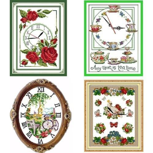 Garland of Roses Clock Stamped Cross Stitch Kits Embroidery Counted 11CT 14CT Printed Needlework Fabric Decor Handmade Gifts Set