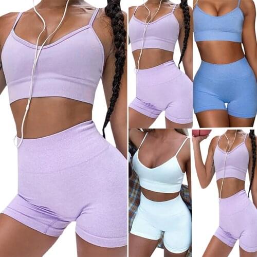 Yoga Shorts Suit Womens Fitness Suit 2 Pieces of Gym Suits Sports Solid Color Sling Bra Set High Waist Pants Sports Bra Shorts