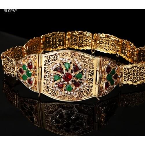 Morocco Women Caftan Belt Gold Color Red Green Stone Arabic Wedding Dress Kaftan Abaya Metal Waist Chain Belts Jewelry