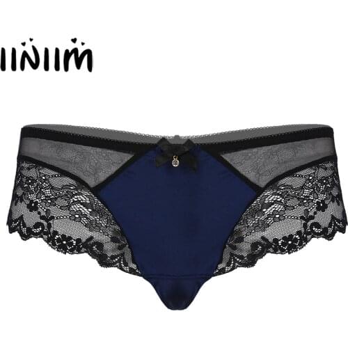 Sissy Male Gay Underwear Crossdress Cosplay Briefs Mens See-through Lace Patchwork Underpants Elastic Low Waist Briefs Panties
