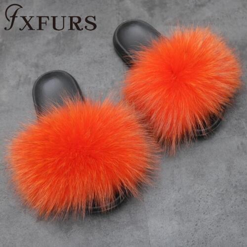 2020 Fxfurs fashion new Womens Fur Slipper Real Raccoon Fur Fashion Style Furry Slides Soft Warm Big Fluffy Fur Shoes