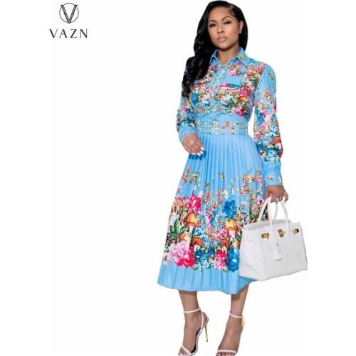 VAZN 2021 Spring New Fashion Women Young Casual Holiday Style Long Dress Long Sleeve Lapel Printed Mid Long Dress
