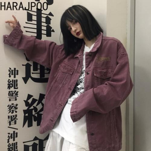 Coats Harajpoo Women Fashion Denim Jacket Female Korean INS American Vintage Purple Couple Casual Loose Jeans Fall Streetwear