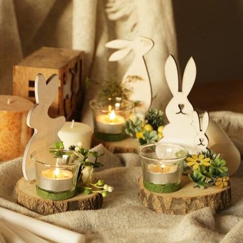Easter Bunny Tealight Candle Holder Wood Rabbit Glass Cup Home Party Decor