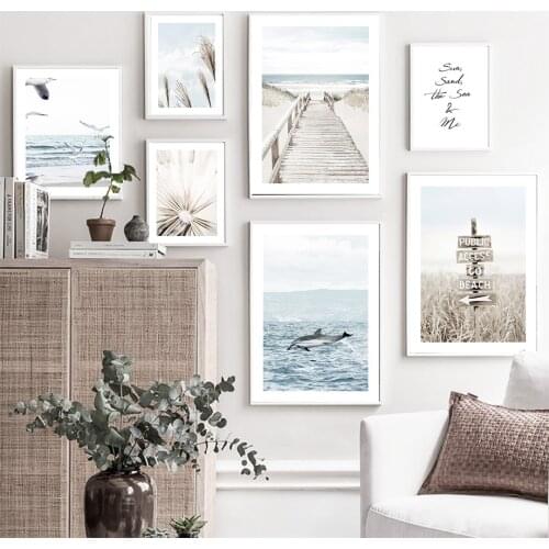 Beach Seagull Dolphin Shell Reed Bridge Wall Art Canvas Painting Nordic Posters And Prints Wall Pictures For Living Room Decor