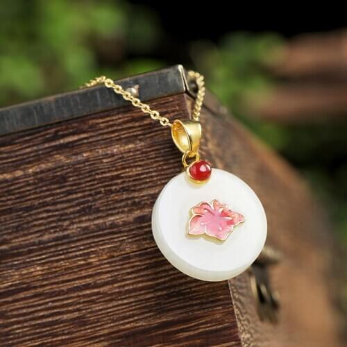 S925 pure silverinlay and Hotan Jade White Jade Peony lady high-grade temperament clavicle pendant Pendant