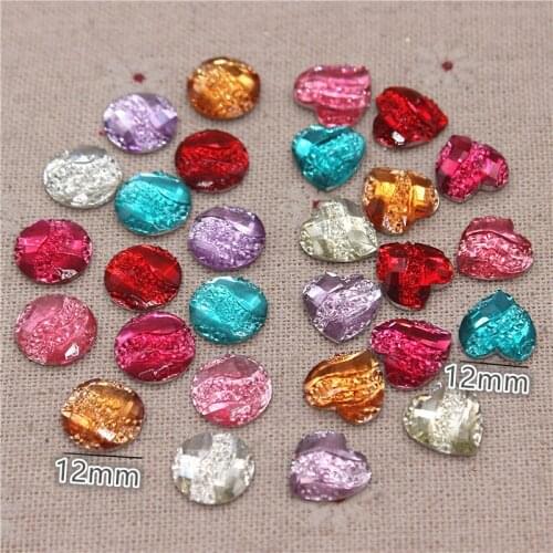 100PCS 12mm Mix Colors Round/Heart Shape Bling Resin Rhinestone Wavy Line Flatback Cabochon DIY Jewelry/Craft Making