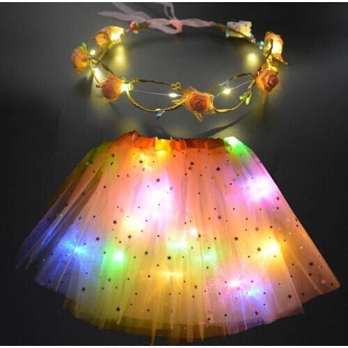 2021 New Light Glowing LED Girl Kids Women Star Tutu Skirt Costume Cosplay Party Ballet Dance Skirt + Flower Wreath Headband