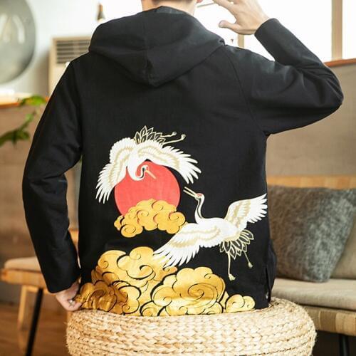 Traditional Chinese Blouse Autumn MenS Oversize Loose Jacket Men Crane Print Coat Kimono Kung Fu Oriental Clothes Men FF2499