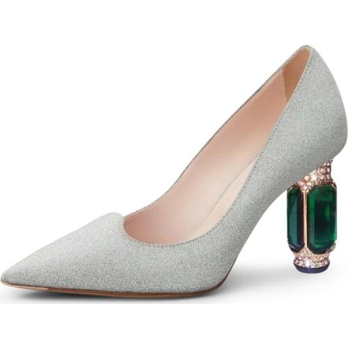 Handmade Party Point Toe Woman Pumps Fashion Shallow High Heel Wedding Dress Shoes Solid Red Green Crystal Heel Woman Pumps