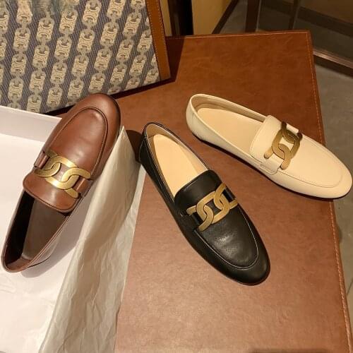 Womens shoes genuine leather flat sole pedal loafers British style retro single shoes soft leather small leather shoes women