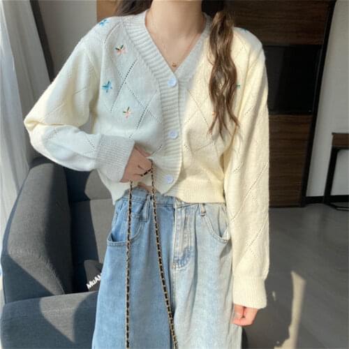 Spring Thin Knitted Cardigans Women 2021 New Loose V-neck Crop Top Sweater Sweet Hollow Out Cadigan Jackets Female