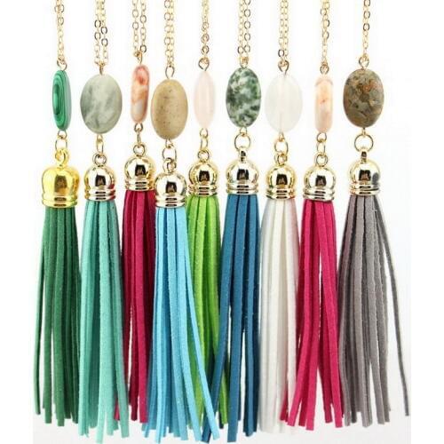 ZWPON Fashion Long Gold Chain Tassel Necklaces for Women Oval Natural Stone Pendant Necklace Women Fashion Jewelry