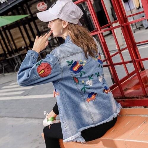 New Flower Embroidery Loose Denim Coat Women Ripped Hole Boyfriend Style Jeans Jacket Fashion Casual Spring Clothes Female