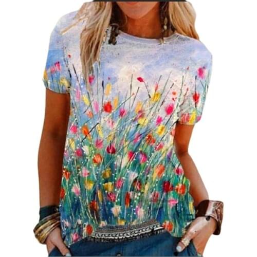 2021 New Women Blouses Casual Short Sleeve O-Neck Loose Tops Plus Size Summer Boho Floral Print Ladies Shirt Streetwear Clothing