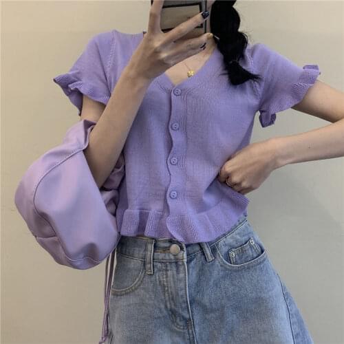 Woman TShirts Purple Short-Sleeved T-shirt Knitwear Womens Summer Collar Cardigan Top Crop Top Mujer Camisetas