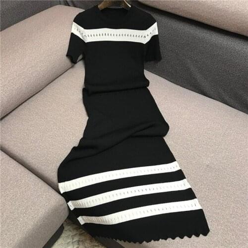 French style elegant hit color knitted swater+high wasit slim a-line skirt two piece sets women